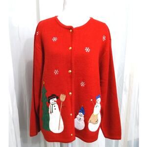 Croft & Barrow Christmas snowman sweater cardigan knit red size M Grandmacore